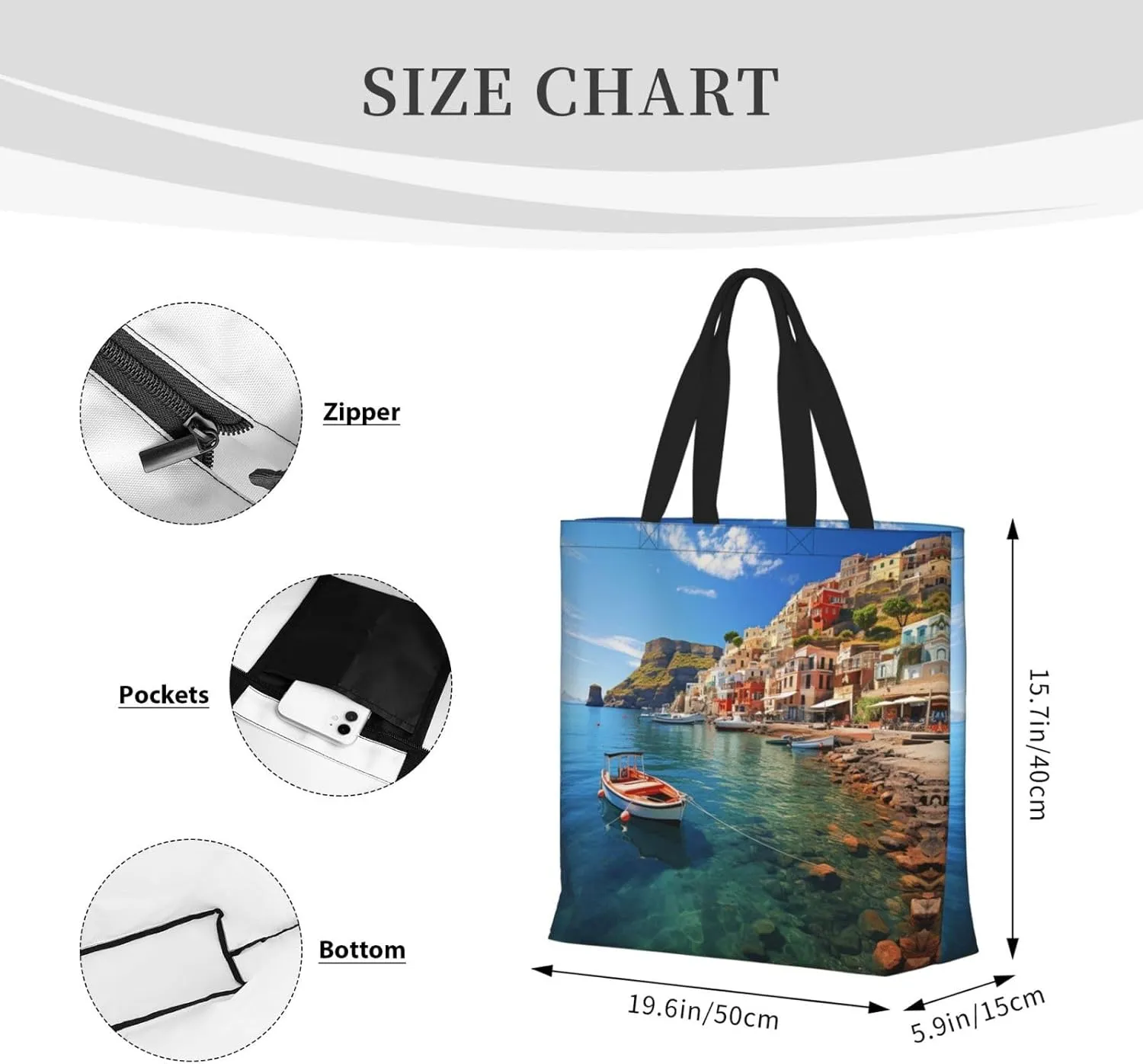 Tote Bag for Women Grocery Bag Reusable Shopping Bag Seaside Town Handbag Foldable Shoulder Bag