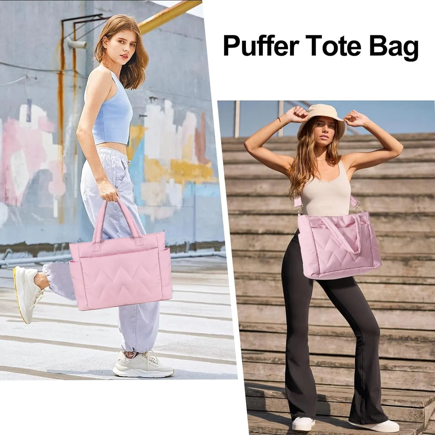 Tote Bag for Women, Lightweight Puffy Tote Bag with Compartments, Large Quilted Shoulder Bag with Zipper