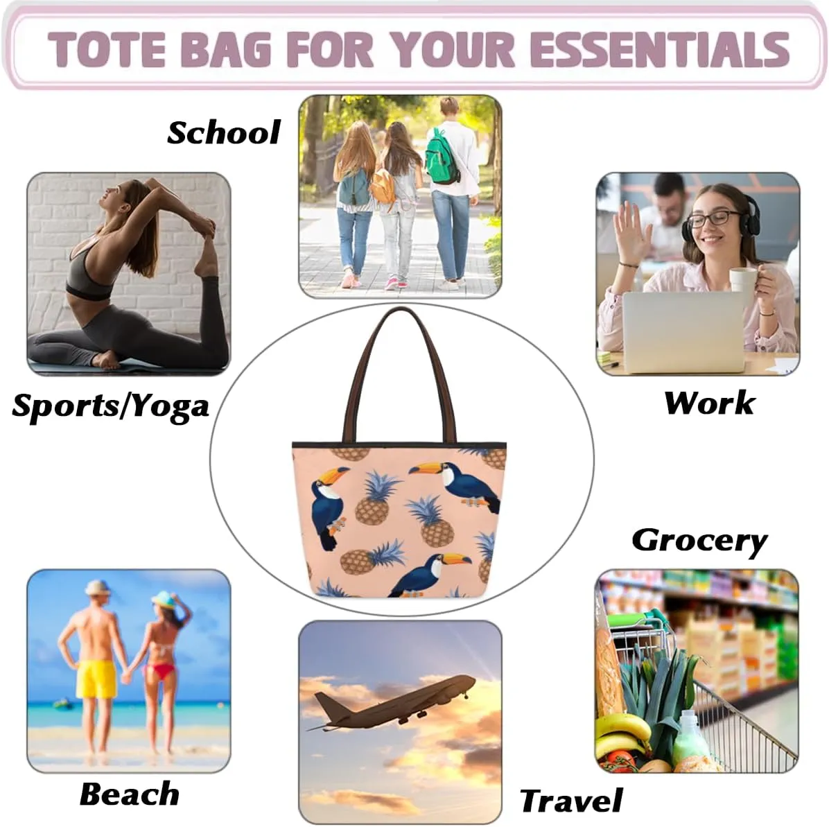 Tote Bag for Women with Zipper Large Capacity Top Handle Casual Shoulder Bag Handbag Reusable Shopping