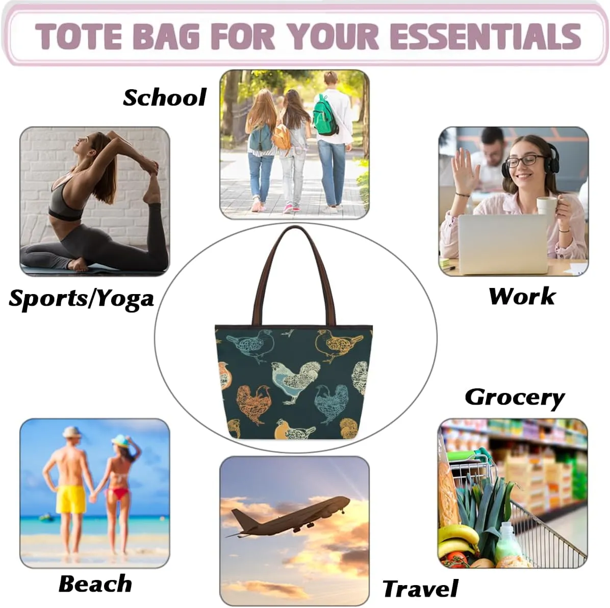 Tote Bag for Women with Zipper Large Capacity Top Handle Casual Shoulder Bag Handbag Reusable Shopping