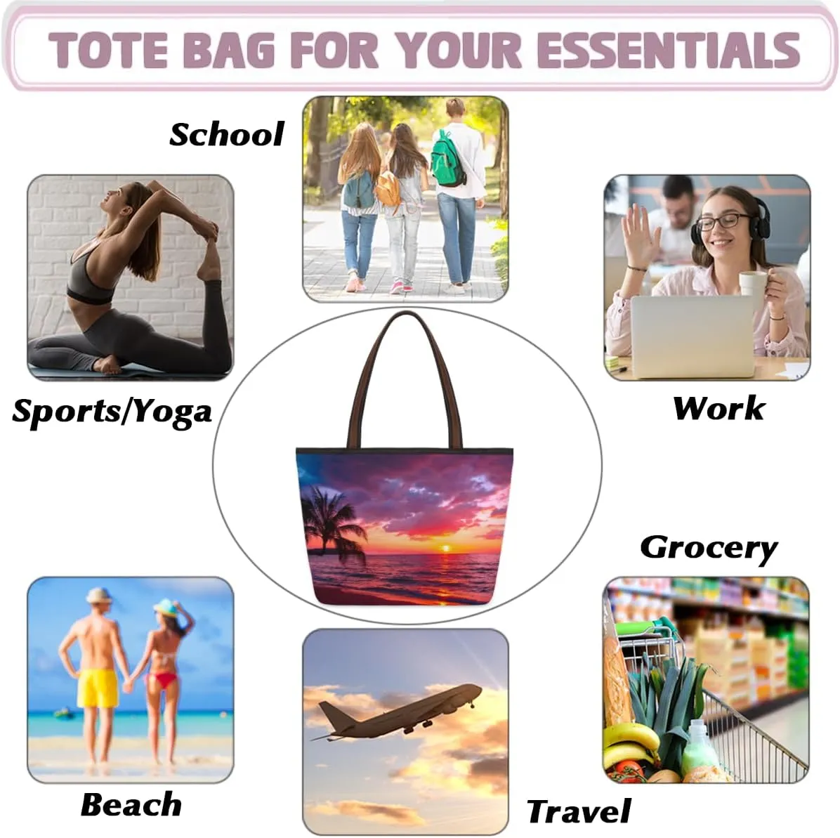 Tote Bag for Women with Zipper Large Capacity Top Handle Casual Shoulder Bag Handbag Reusable Shopping