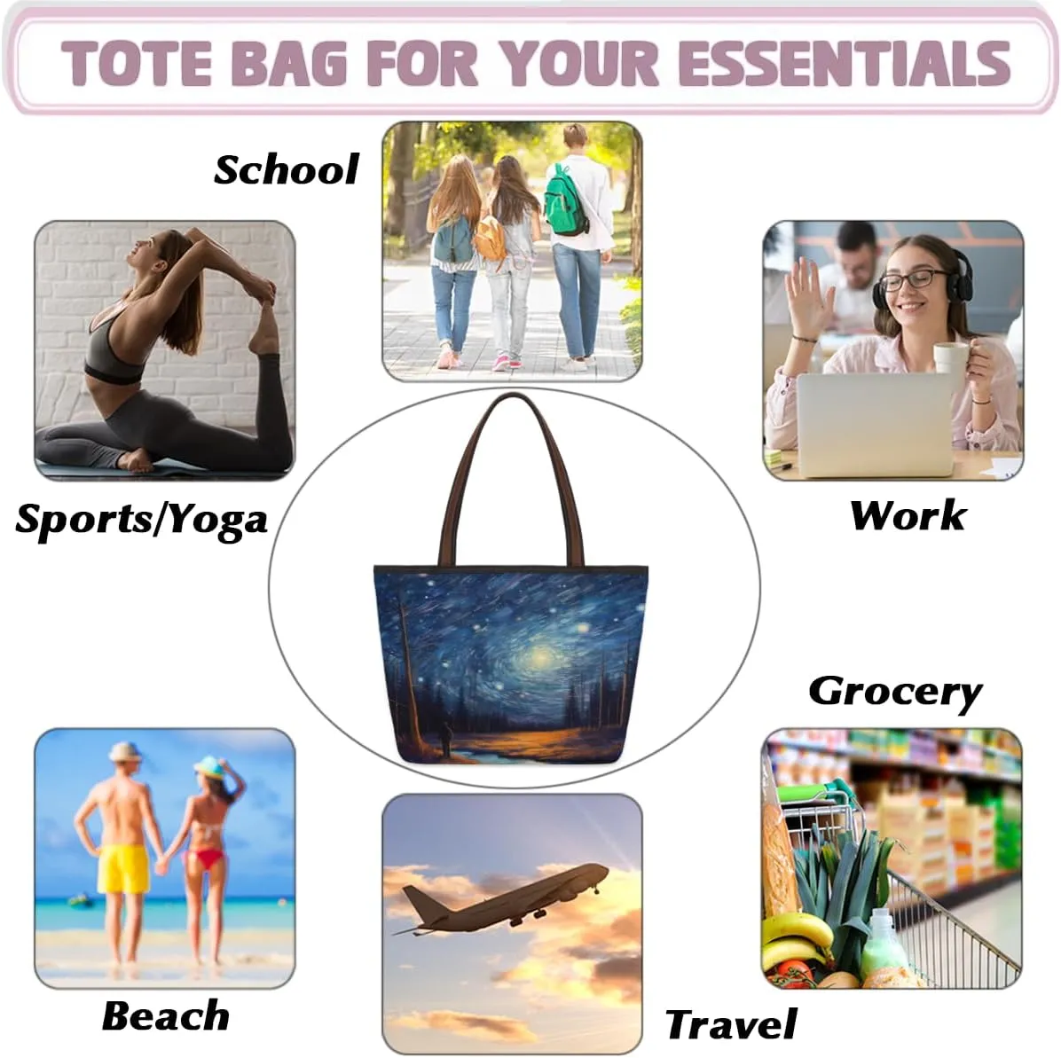 Tote Bag for Women with Zipper Large Capacity Top Handle Casual Shoulder Bag Handbag Reusable Shopping