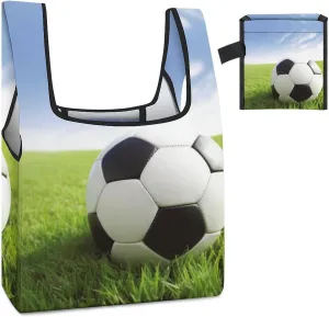 Tote Bag Reusable Grocery Bag Foldable Shopping Bag Soccer Ball On Grassy Extra Large Shoulder Bag Canvas Tote Bag for Travel Work