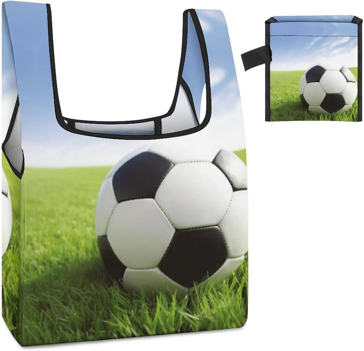 Tote Bag Reusable Grocery Bag Foldable Shopping Bag Soccer Ball On Grassy Extra Large Shoulder Bag Canvas Tote Bag for Travel Work