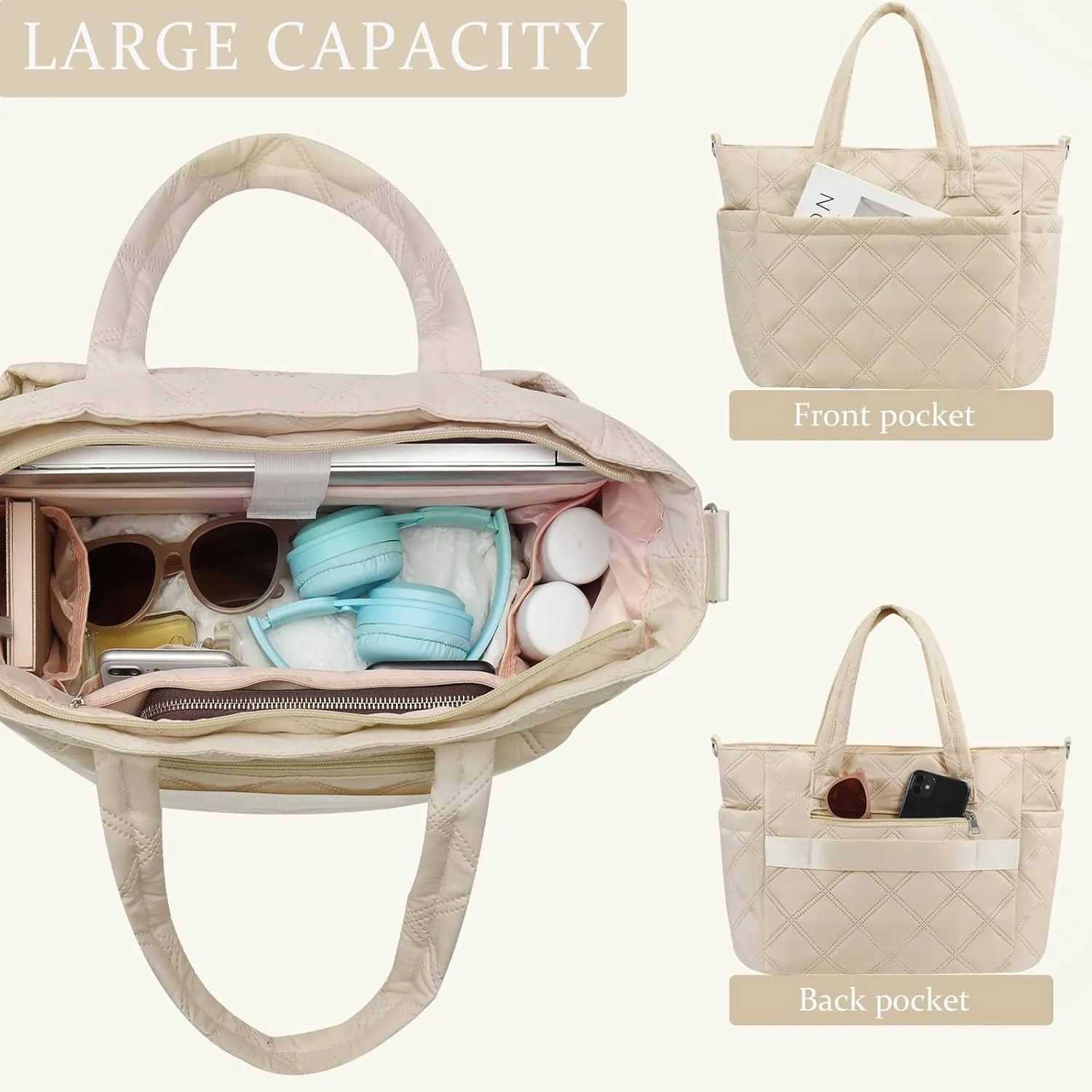 Tote Bags for Women,Large Lightweight Travel Bags with Zipper,Quilted Tote Bag with Multi-Pocket for Travel Work Gym