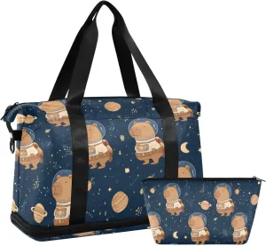 Travel Duffel Bag Astronaut Capybara Foldable Sports Tote Gym Bag with Shoe & Wet Compartment Shoulder Carry on Luggage Duffel Weekender Overnight for Men Women