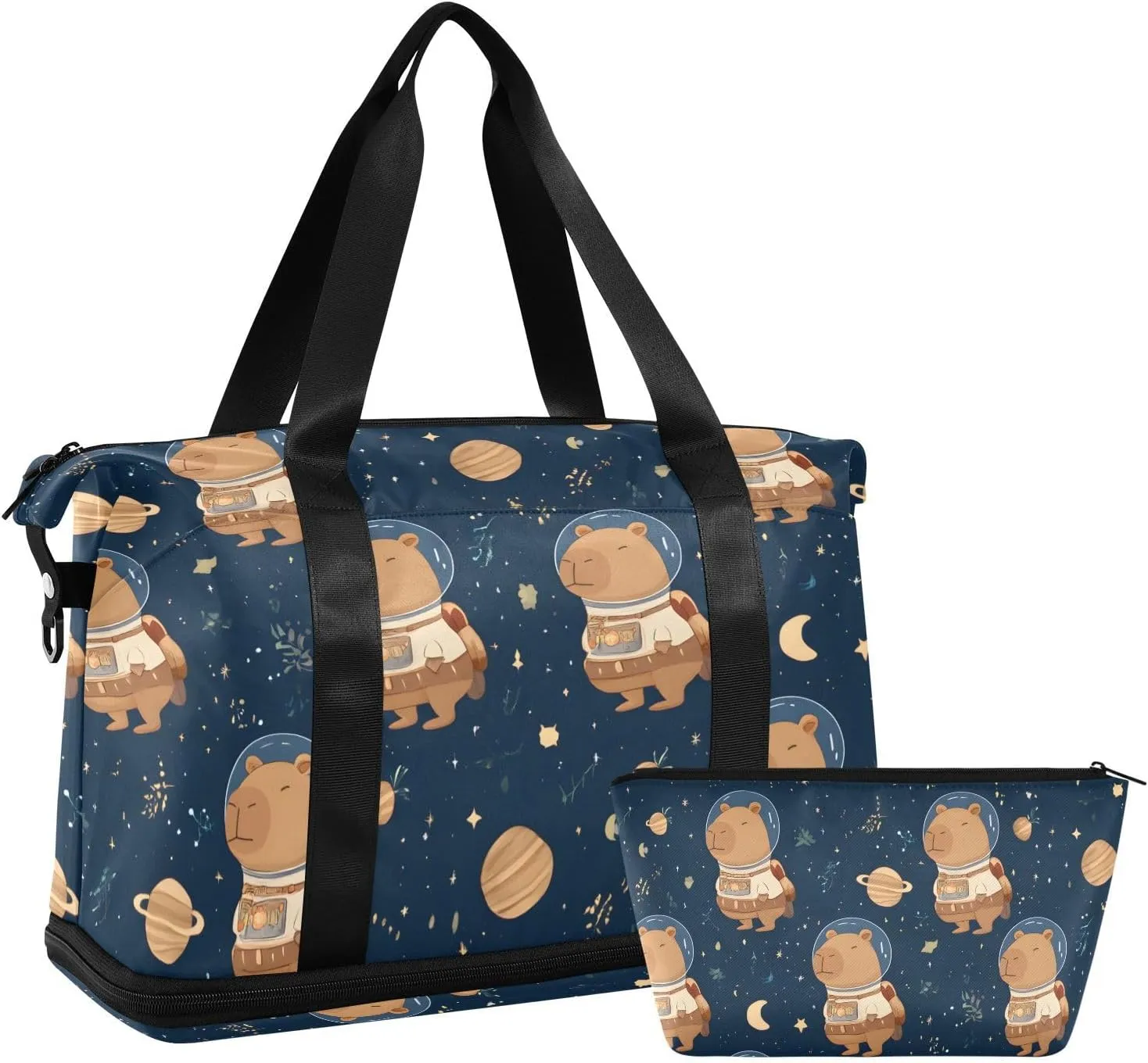 Travel Duffel Bag Astronaut Capybara Foldable Sports Tote Gym Bag with Shoe & Wet Compartment Shoulder Carry on Luggage Duffel Weekender Overnight for Men Women