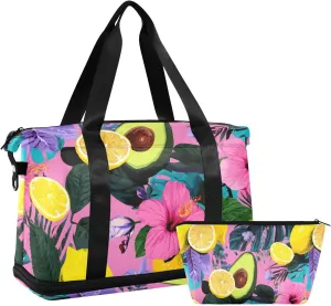 Travel Duffel Bag Avocado Tropical Leaves Pattern Foldable Sports Tote Gym Bag with Shoe & Wet Compartment Shoulder Carry on Luggage Duffel Weekender Overnight for Men Women