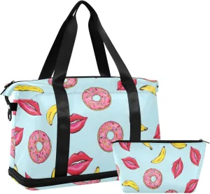 Travel Duffel Bag Banana Donut Pattern Foldable Sports Tote Gym Bag with Shoe & Wet Compartment Shoulder Carry on Luggage Duffel Weekender Overnight for Men Women