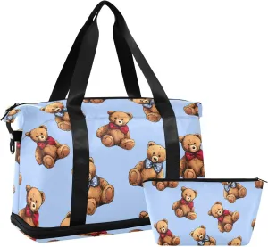 Travel Duffel Bag Bear Doll Pattern Foldable Sports Tote Gym Bag with Shoe & Wet Compartment Shoulder Carry on Luggage Duffel Weekender Overnight for Men Women