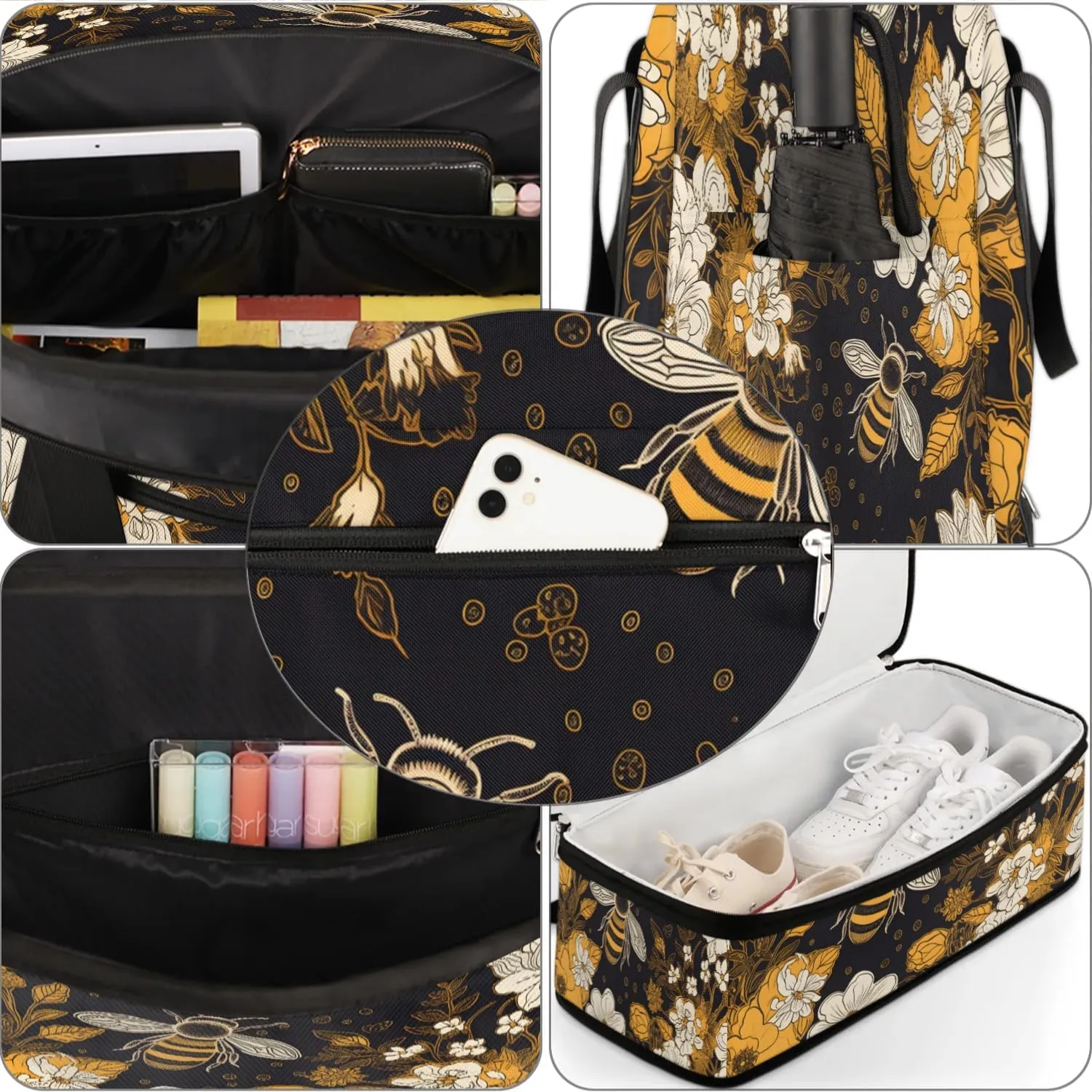 Travel Duffel Bag Bees Flowers Theme Weekender Bag with Shoe Compartment Foldable Overnight Bags for Travel Sports Lightweight Gym Bags for Men Women