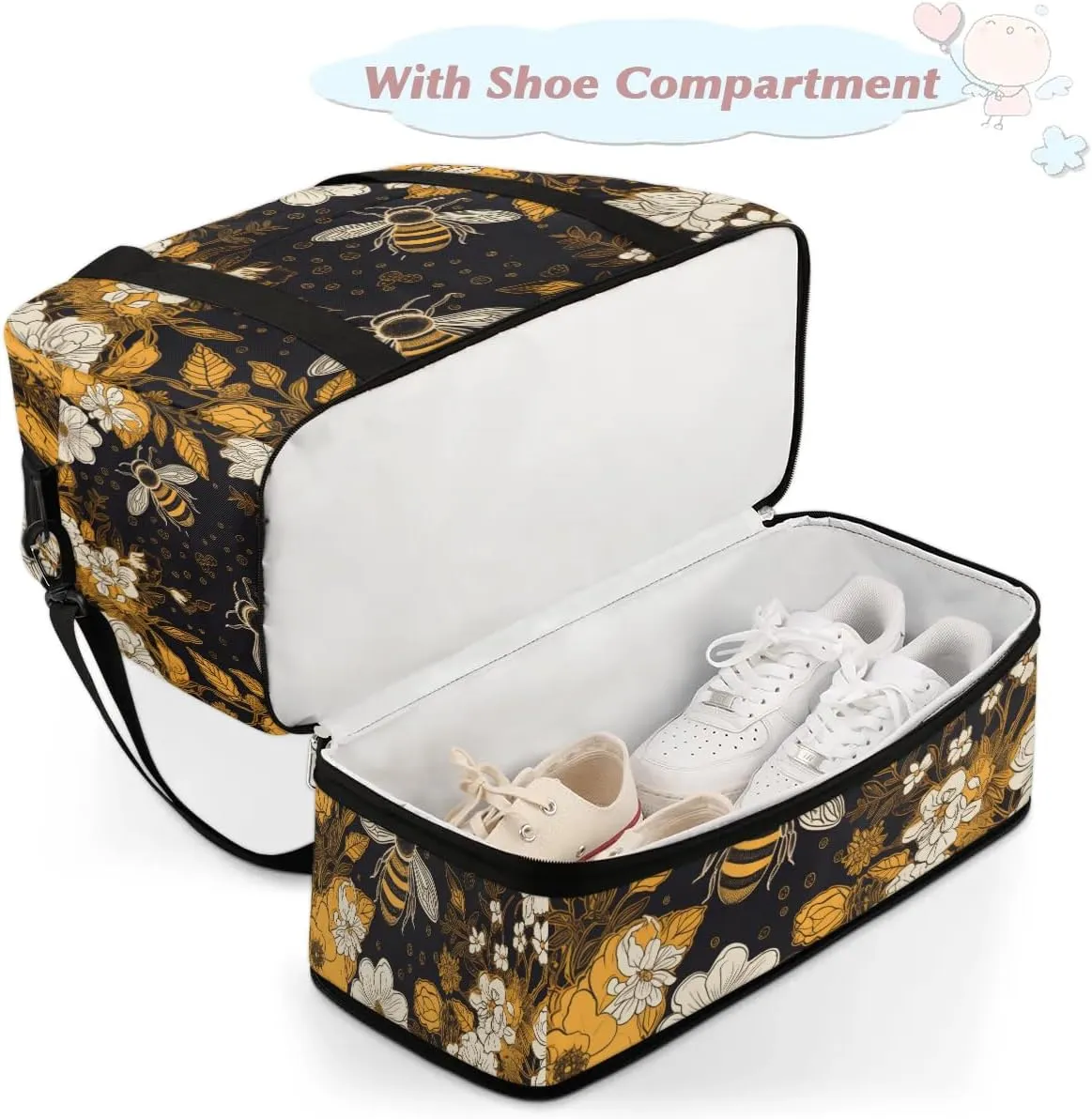 Travel Duffel Bag Bees Flowers Theme Weekender Bag with Shoe Compartment Foldable Overnight Bags for Travel Sports Lightweight Gym Bags for Men Women