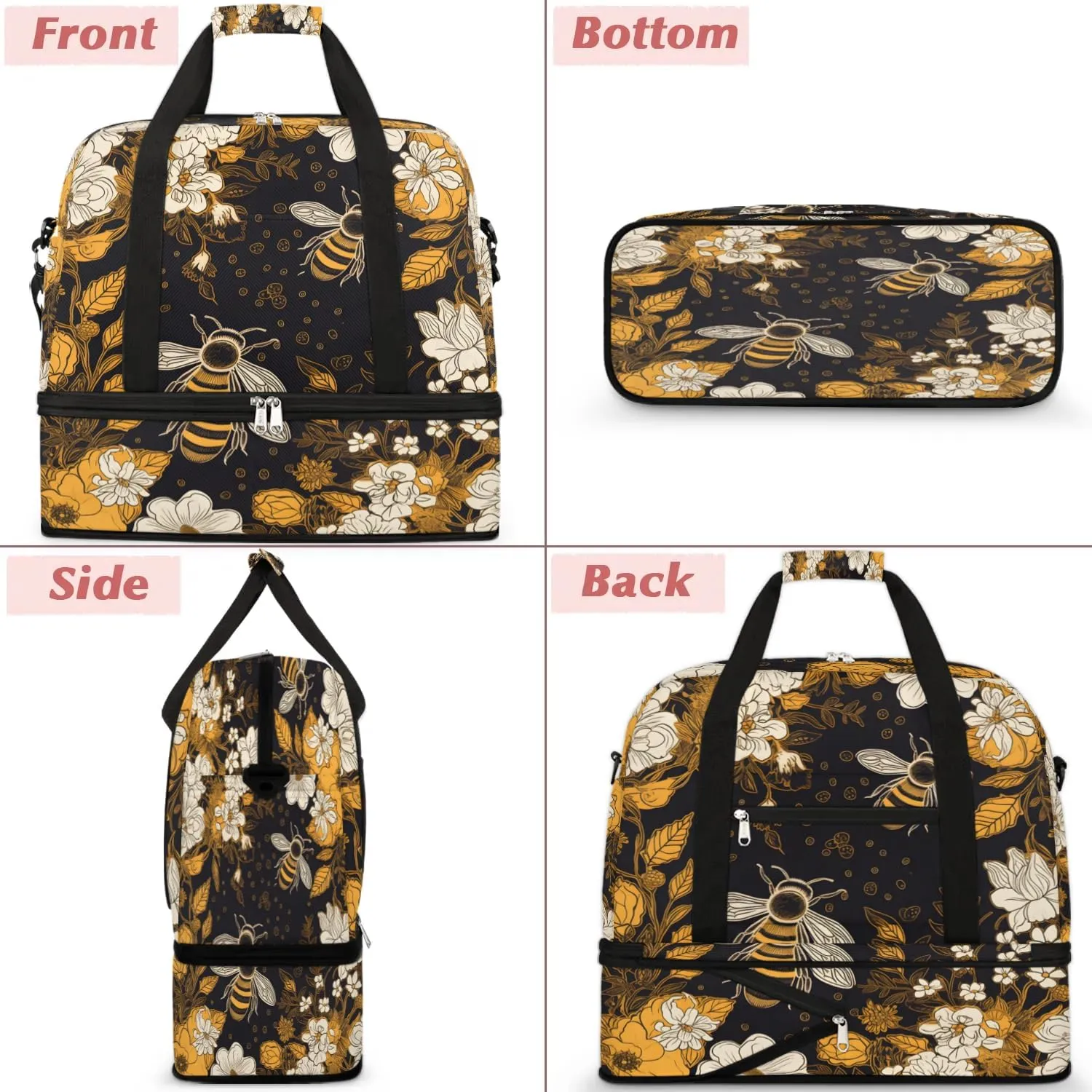 Travel Duffel Bag Bees Flowers Theme Weekender Bag with Shoe Compartment Foldable Overnight Bags for Travel Sports Lightweight Gym Bags for Men Women