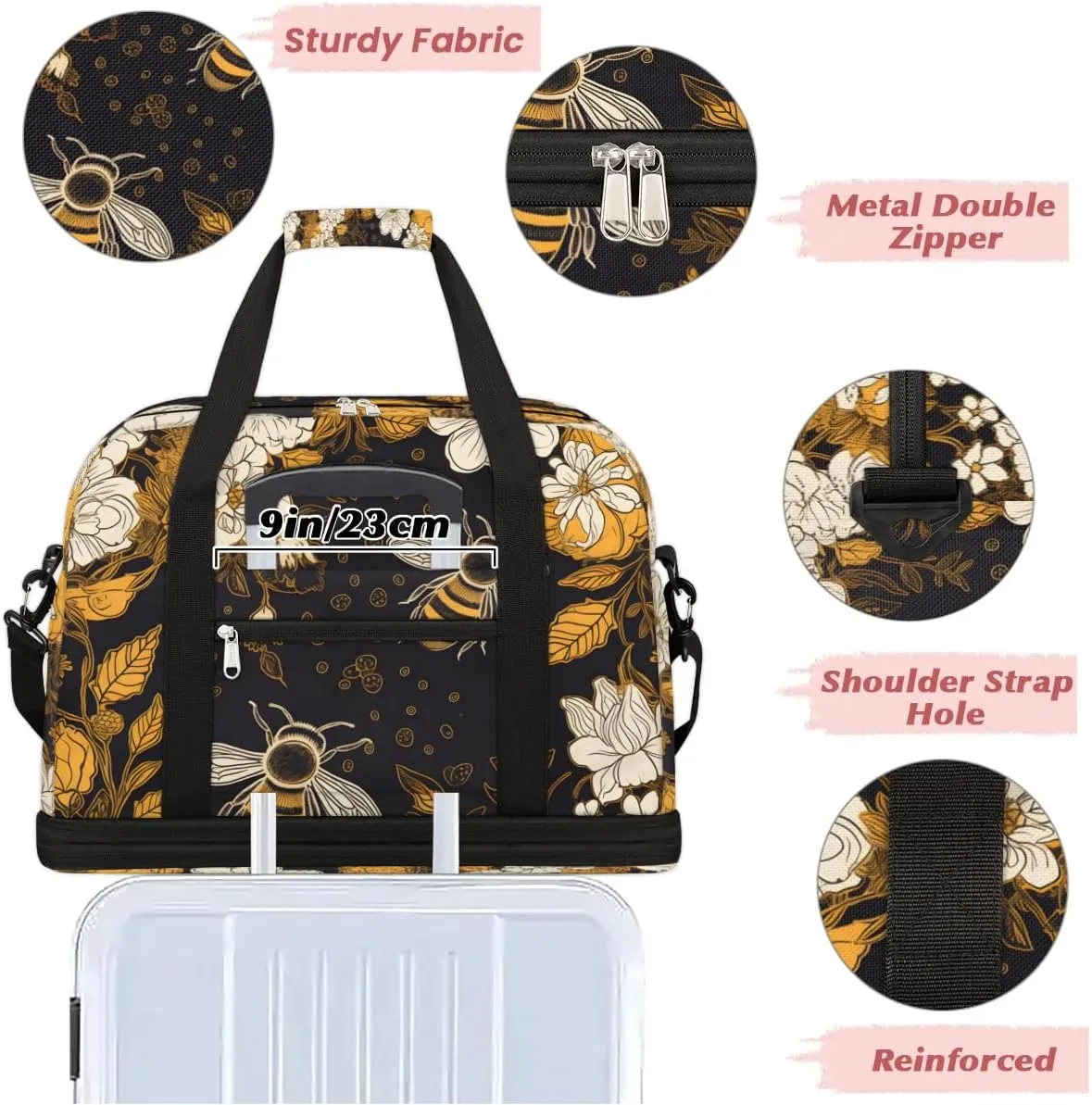 Travel Duffel Bag Bees Flowers Theme Weekender Bag with Shoe Compartment Foldable Overnight Bags for Travel Sports Lightweight Gym Bags for Men Women