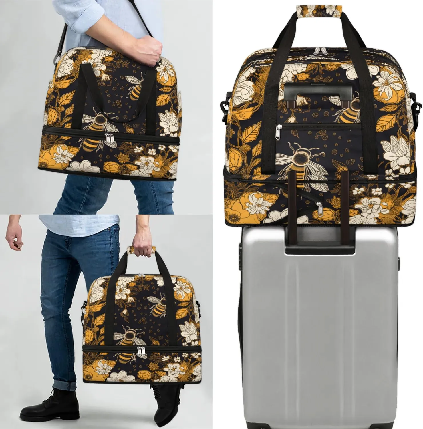 Travel Duffel Bag Bees Flowers Theme Weekender Bag with Shoe Compartment Foldable Overnight Bags for Travel Sports Lightweight Gym Bags for Men Women