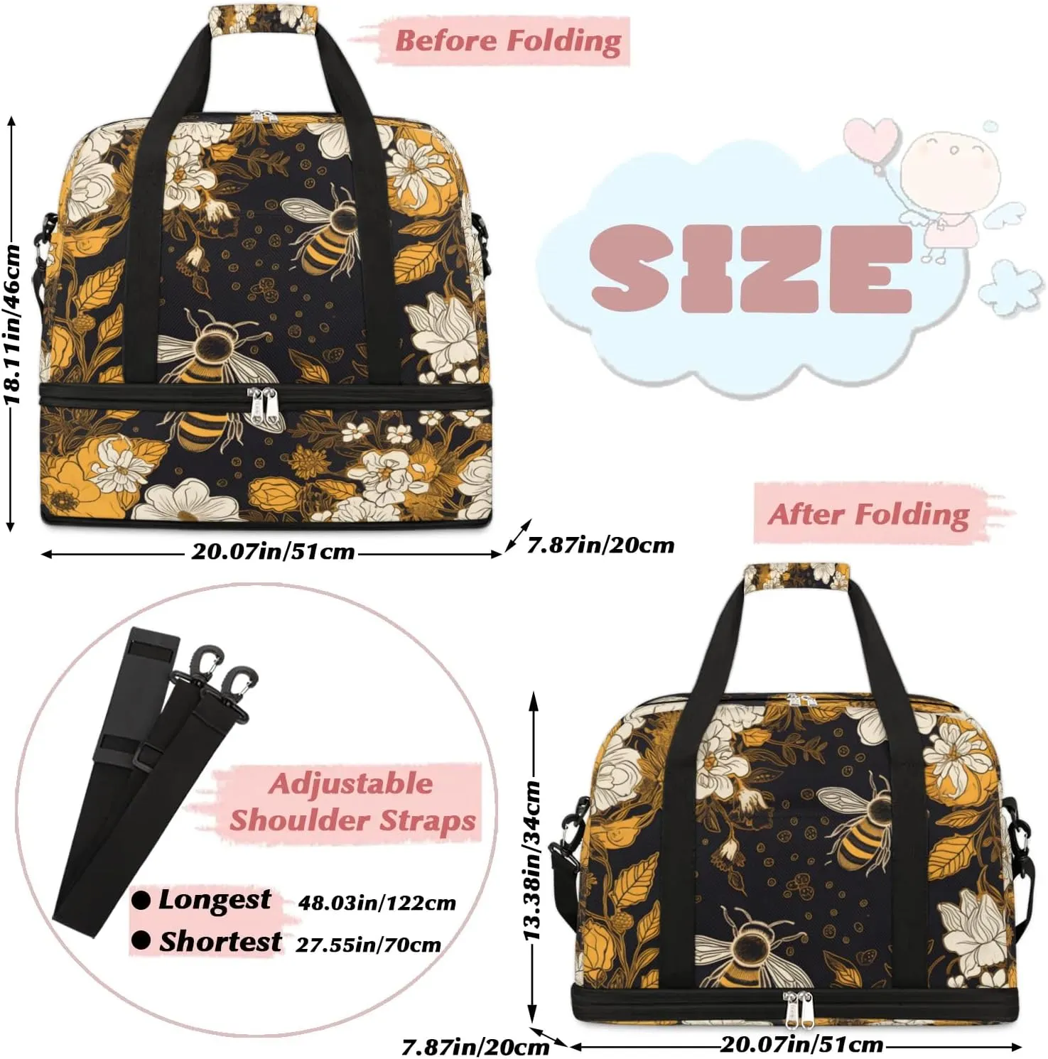 Travel Duffel Bag Bees Flowers Theme Weekender Bag with Shoe Compartment Foldable Overnight Bags for Travel Sports Lightweight Gym Bags for Men Women