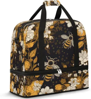 Travel Duffel Bag Bees Flowers Theme Weekender Bag with Shoe Compartment Foldable Overnight Bags for Travel Sports Lightweight Gym Bags for Men Women