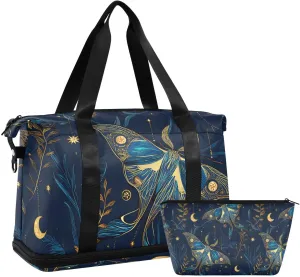 Travel Duffel Bag Blue Moth Pattern Foldable Sports Tote Gym Bag with Shoe & Wet Compartment Shoulder Carry on Luggage Duffel Weekender Overnight for Men Women