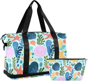 Travel Duffel Bag Blue Shellfish Starfish Coral Foldable Sports Tote Gym Bag with Shoe & Wet Compartment Shoulder Carry on Luggage Duffel Weekender Overnight for Men Women