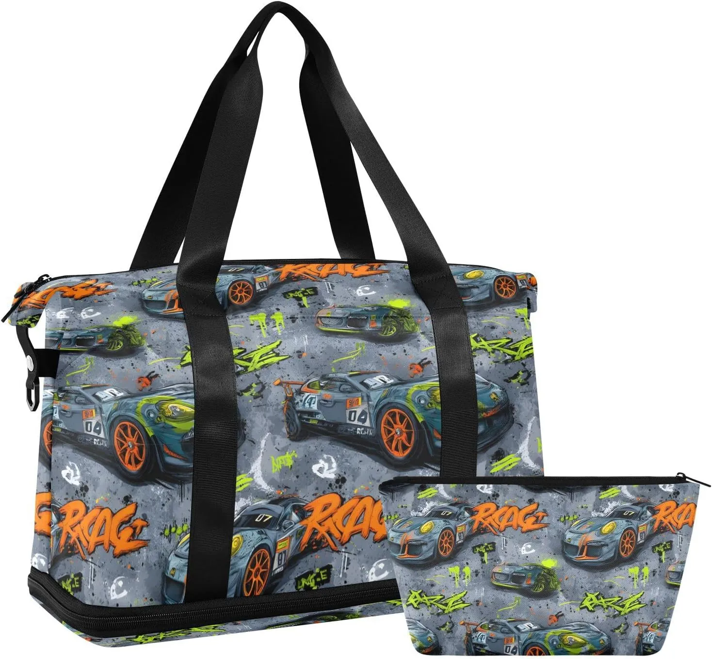 Travel Duffel Bag Car Racing Pattern Foldable Sports Tote Gym Bag with Shoe & Wet Compartment Shoulder Carry on Luggage Duffel Weekender Overnight for Men Women