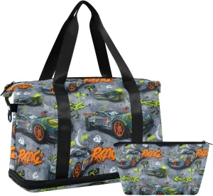 Travel Duffel Bag Car Racing Pattern Foldable Sports Tote Gym Bag with Shoe & Wet Compartment Shoulder Carry on Luggage Duffel Weekender Overnight for Men Women