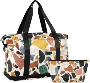 Travel Duffel Bag Color Block Pattern Foldable Sports Tote Gym Bag with Shoe & Wet Compartment Shoulder Carry on Luggage Duffel Weekender Overnight for Men Women
