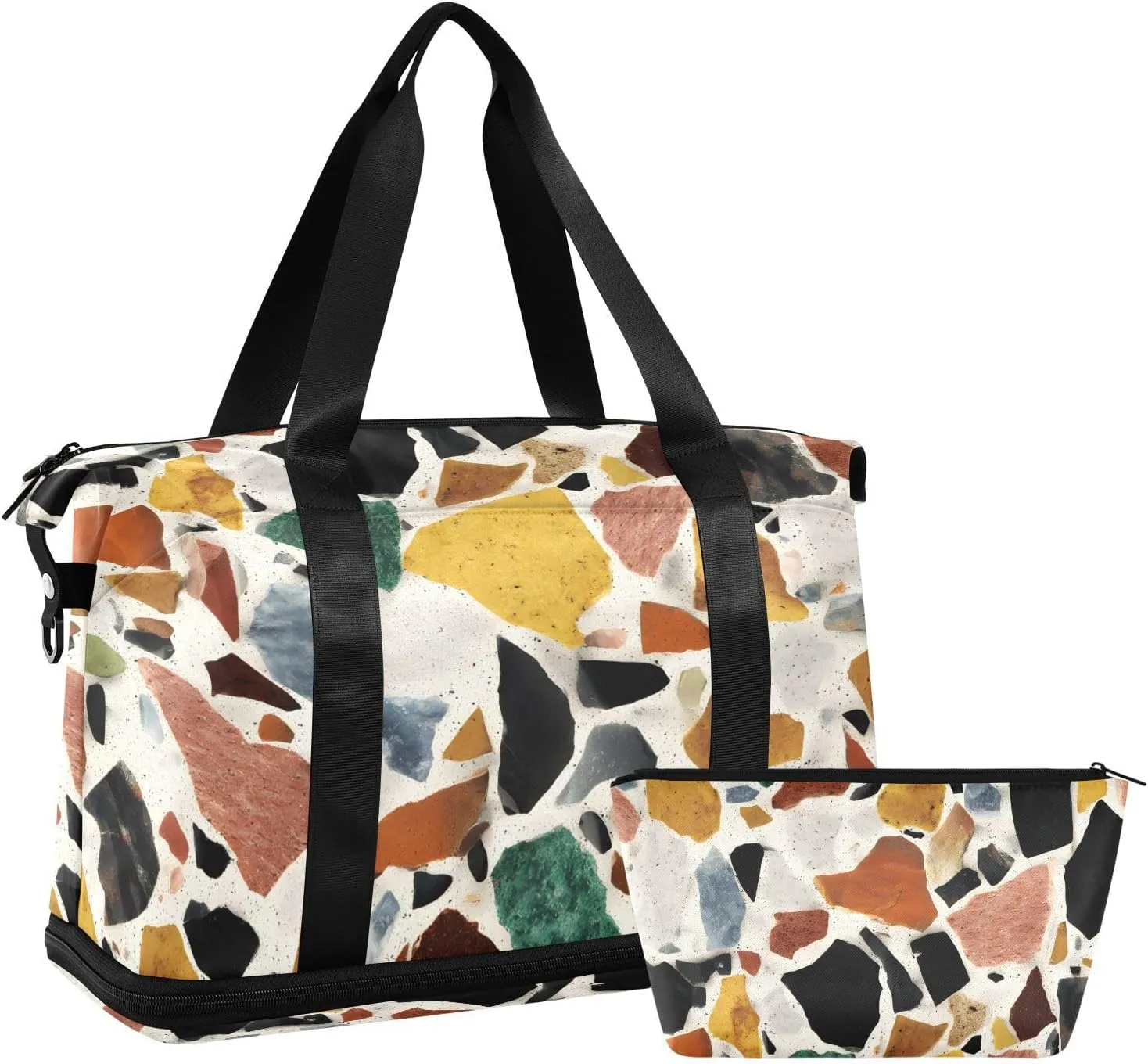 Travel Duffel Bag Color Block Pattern Foldable Sports Tote Gym Bag with Shoe & Wet Compartment Shoulder Carry on Luggage Duffel Weekender Overnight for Men Women