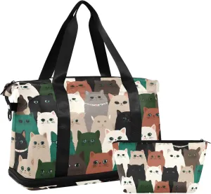 Travel Duffel Bag Cute Cat Pattern Foldable Sports Tote Gym Bag with Shoe & Wet Compartment Shoulder Carry on Luggage Duffel Weekender Overnight for Men Women