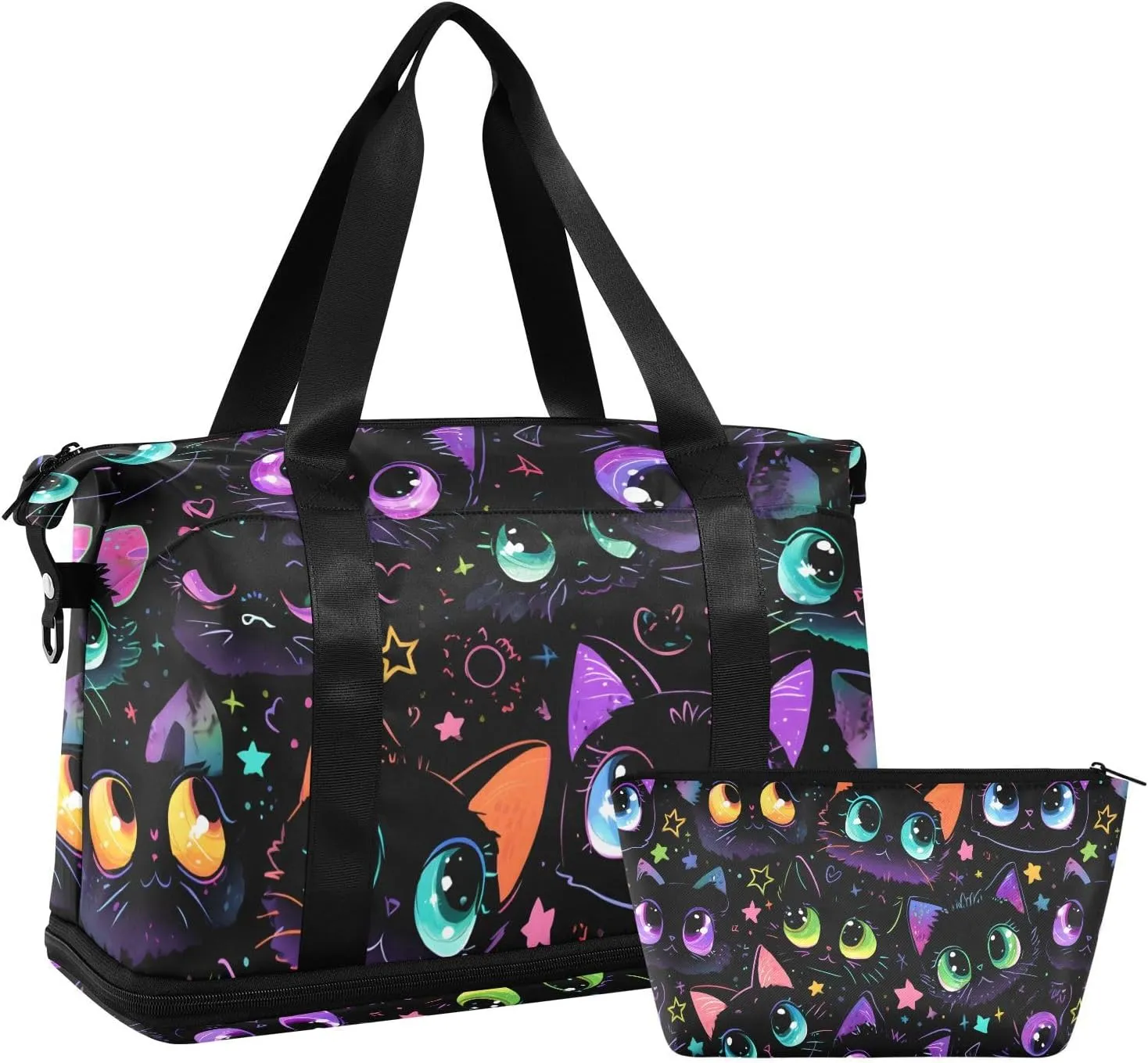 Travel Duffel Bag Dark Cat Pattern Foldable Sports Tote Gym Bag with Shoe & Wet Compartment Shoulder Carry on Luggage Duffel Weekender Overnight for Men Women