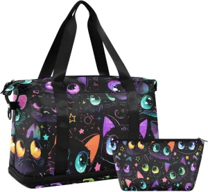 Travel Duffel Bag Dark Cat Pattern Foldable Sports Tote Gym Bag with Shoe & Wet Compartment Shoulder Carry on Luggage Duffel Weekender Overnight for Men Women