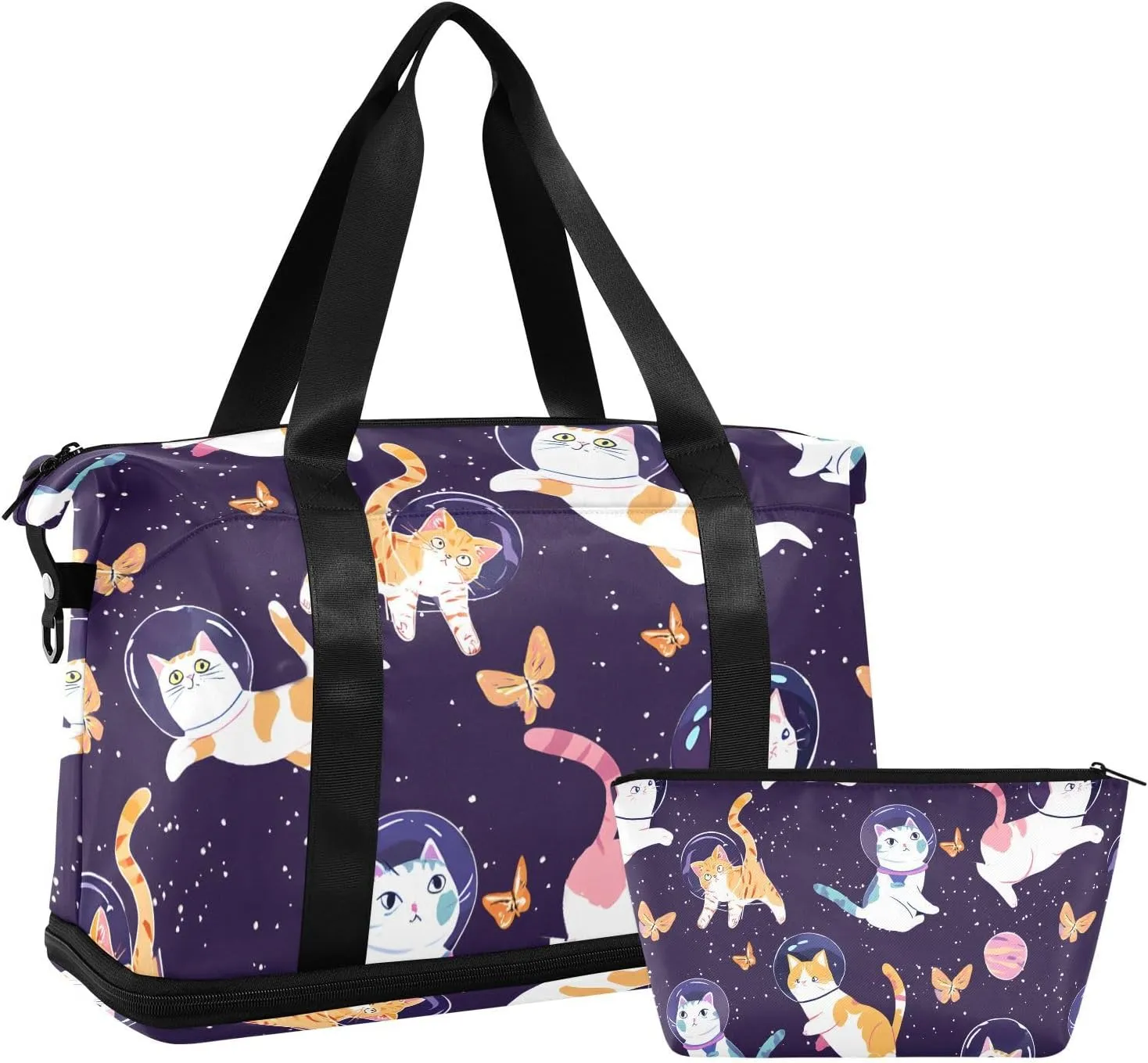 Travel Duffel Bag Dreamy Astronaut Cat Pattern Foldable Sports Tote Gym Bag with Shoe & Wet Compartment Shoulder Carry on Luggage Duffel Weekender Overnight for Men Women