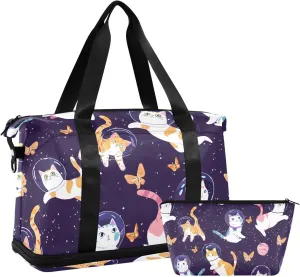 Travel Duffel Bag Dreamy Astronaut Cat Pattern Foldable Sports Tote Gym Bag with Shoe & Wet Compartment Shoulder Carry on Luggage Duffel Weekender Overnight for Men Women