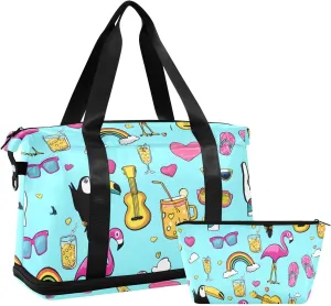 Travel Duffel Bag Flamingo Giant Beasts Pattern Foldable Sports Tote Gym Bag with Shoe & Wet Compartment Shoulder Carry on Luggage Duffel Weekender Overnight for Men Women