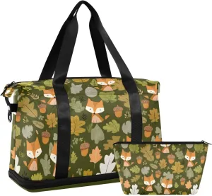 Travel Duffel Bag Fox Pinecone Pine Needles Foldable Sports Tote Gym Bag with Shoe & Wet Compartment Shoulder Carry on Luggage Duffel Weekender Overnight for Men Women