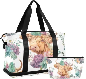 Travel Duffel Bag Highland Cattle Succulent Pattern Foldable Sports Tote Gym Bag with Shoe & Wet Compartment Shoulder Carry on Luggage Duffel Weekender Overnight for Men Women