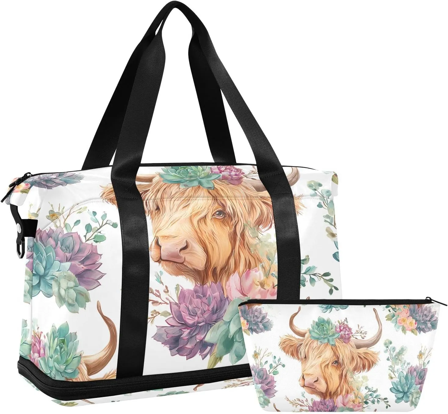 Travel Duffel Bag Highland Cattle Succulent Pattern Foldable Sports Tote Gym Bag with Shoe & Wet Compartment Shoulder Carry on Luggage Duffel Weekender Overnight for Men Women