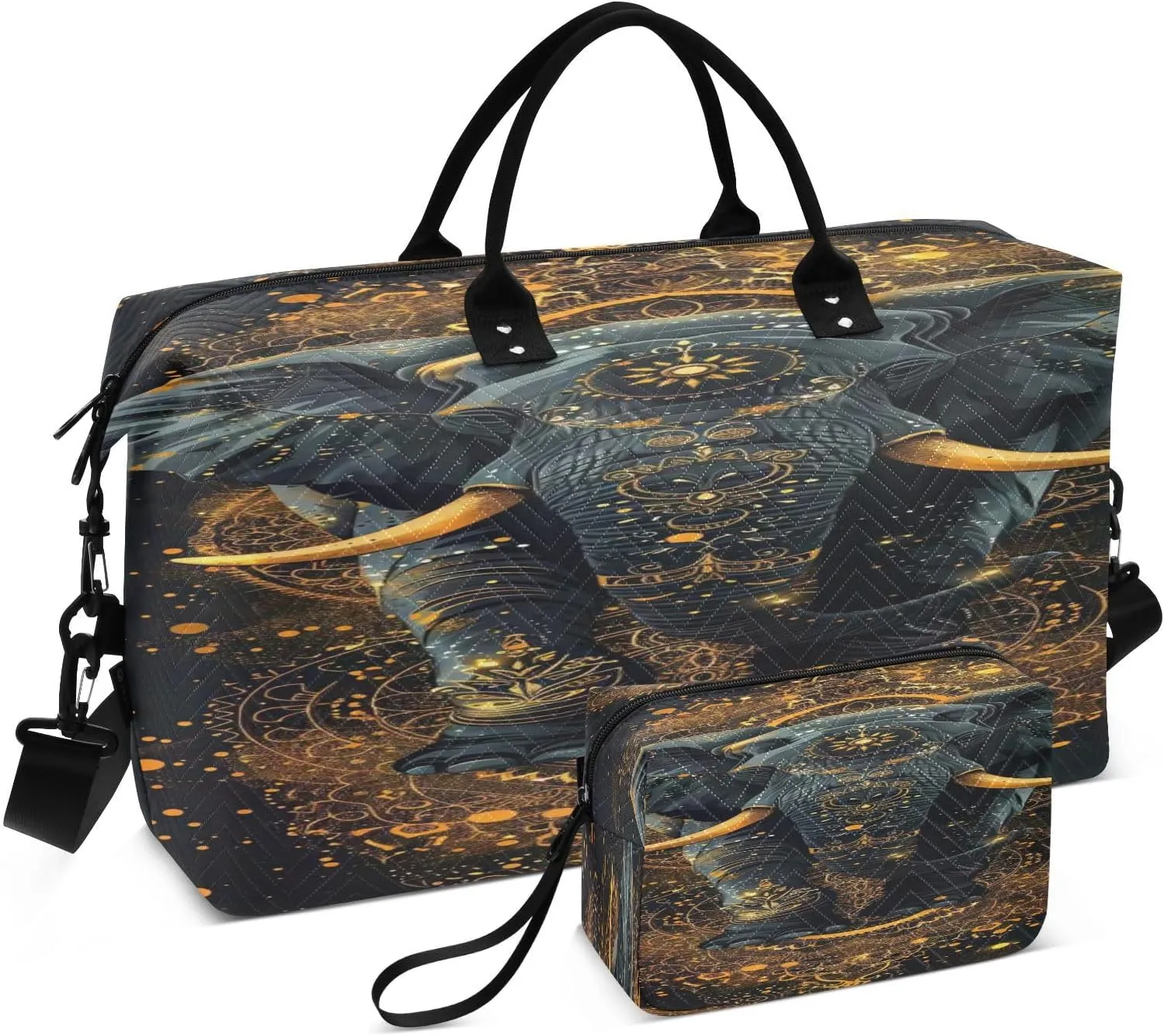 Travel Duffel Bag Large Weekender Overnight Bags for Women Men, Elephant Golden Mandala Gym Bag with Toiletry Bag