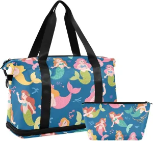 Travel Duffel Bag Mermaid Pattern Foldable Sports Tote Gym Bag with Shoe & Wet Compartment Shoulder Carry on Luggage Duffel Weekender Overnight for Men Women