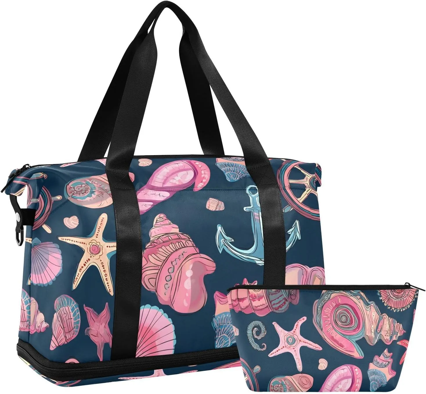 Travel Duffel Bag Pink Anchor Shellfish Foldable Sports Tote Gym Bag with Shoe & Wet Compartment Shoulder Carry on Luggage Duffel Weekender Overnight for Men Women