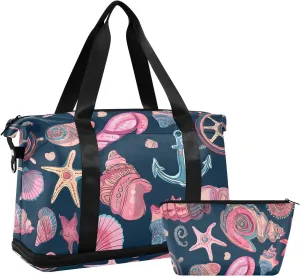 Travel Duffel Bag Pink Anchor Shellfish Foldable Sports Tote Gym Bag with Shoe & Wet Compartment Shoulder Carry on Luggage Duffel Weekender Overnight for Men Women