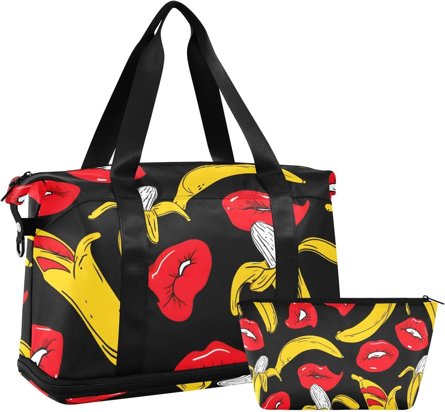 Travel Duffel Bag Red Lips Banana Pattern Foldable Sports Tote Gym Bag with Shoe & Wet Compartment Shoulder Carry on Luggage Duffel Weekender Overnight for Men Women