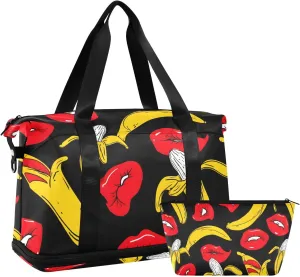 Travel Duffel Bag Red Lips Banana Pattern Foldable Sports Tote Gym Bag with Shoe & Wet Compartment Shoulder Carry on Luggage Duffel Weekender Overnight for Men Women