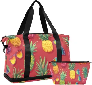 Travel Duffel Bag Sunglasses with Pineapple Foldable Sports Tote Gym Bag with Shoe & Wet Compartment Shoulder Carry on Luggage Duffel Weekender Overnight for Men Women