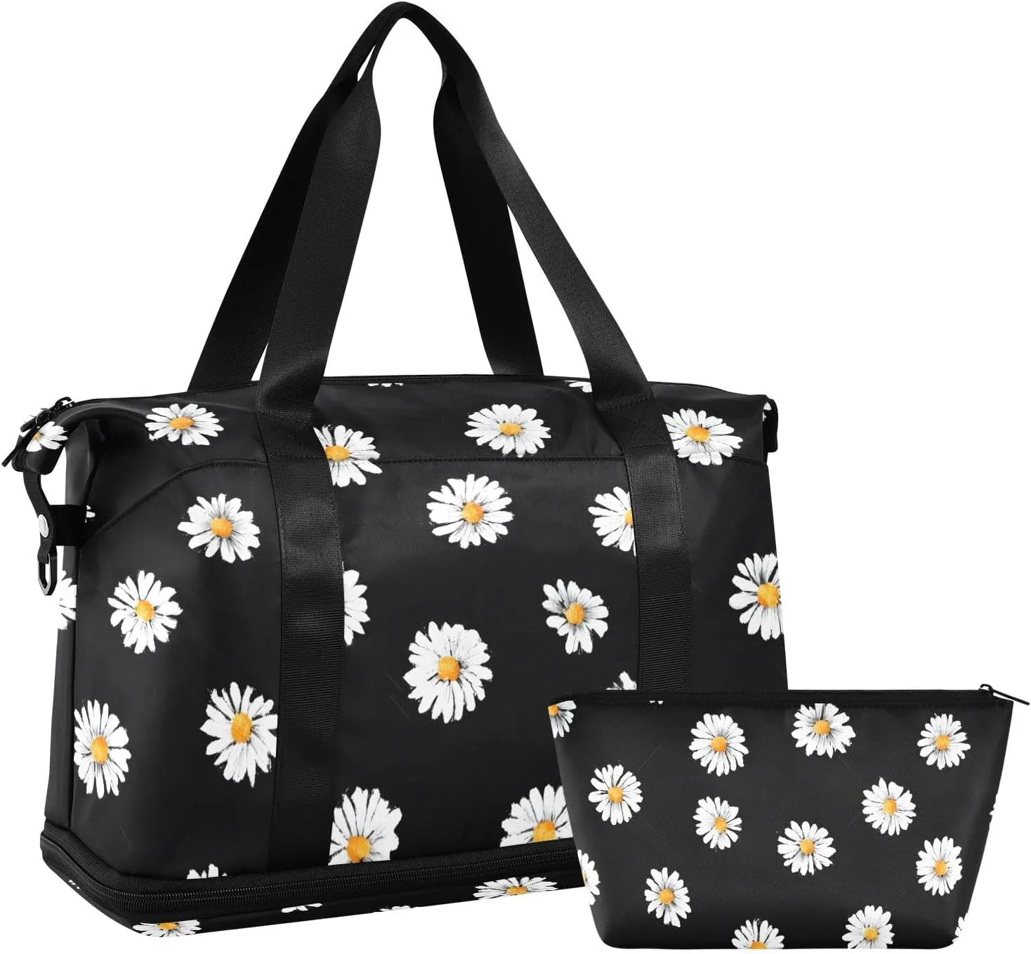 Travel Duffel Bag White Daisy Pattern Foldable Sports Tote Gym Bag with Shoe & Wet Compartment Shoulder Carry on Luggage Duffel Weekender Overnight for Men Women