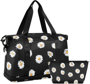 Travel Duffel Bag White Daisy Pattern Foldable Sports Tote Gym Bag with Shoe & Wet Compartment Shoulder Carry on Luggage Duffel Weekender Overnight for Men Women