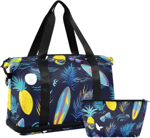 Travel Duffel Bag Yellow Pineapple Pattern Foldable Sports Tote Gym Bag with Shoe & Wet Compartment Shoulder Carry on Luggage Duffel Weekender Overnight for Men Women