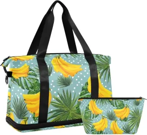 Travel Duffel Bag Yellow Polka Dot Banana Pattern Foldable Sports Tote Gym Bag with Shoe & Wet Compartment Shoulder Carry on Luggage Duffel Weekender Overnight for Men Women