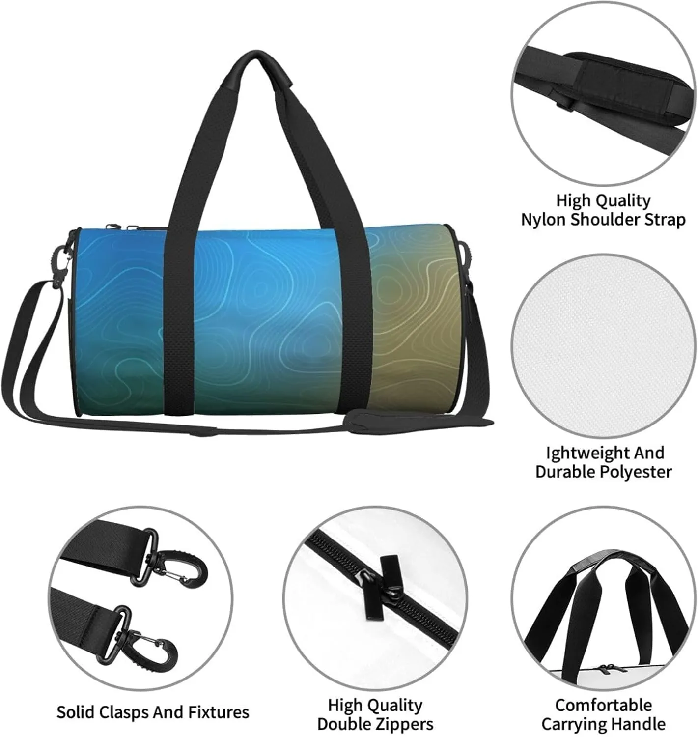 Travel Duffle Bag for Men Women, Cyan Topography Lines Duffle Bags for Sport Gym Overnight Luggage