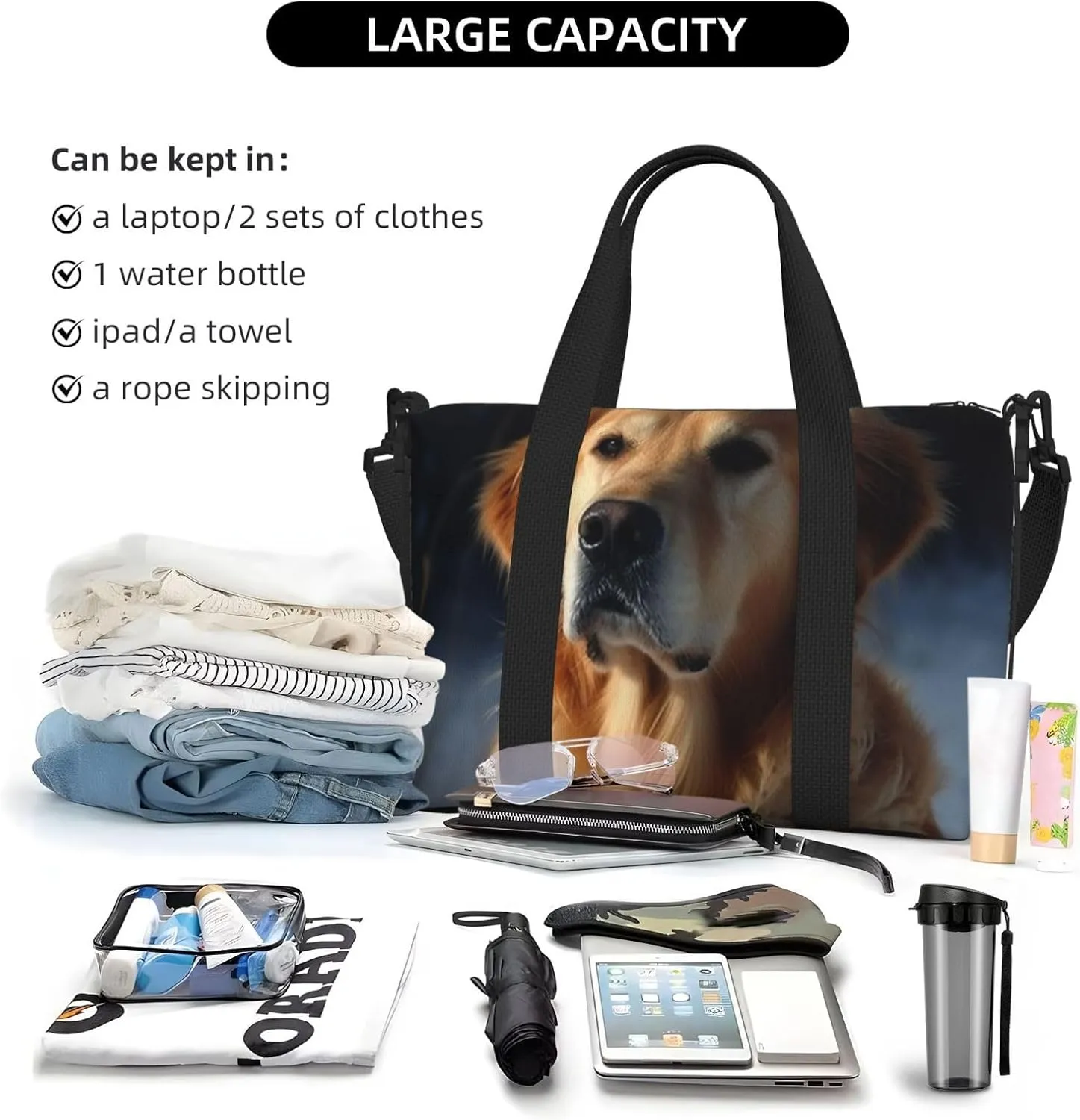 Travel Duffle Bag Weekender Bags for Men Women Adjustable Large Capacity Weekender Overnight Bag Carry On Tote Bags Waterproof Sport Gym Bag for Travel Yoga, Golden Retriever, One Size