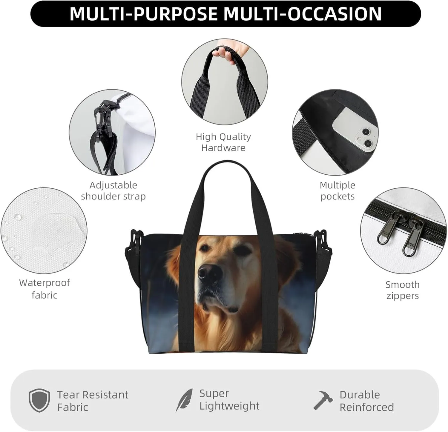 Travel Duffle Bag Weekender Bags for Men Women Adjustable Large Capacity Weekender Overnight Bag Carry On Tote Bags Waterproof Sport Gym Bag for Travel Yoga, Golden Retriever, One Size
